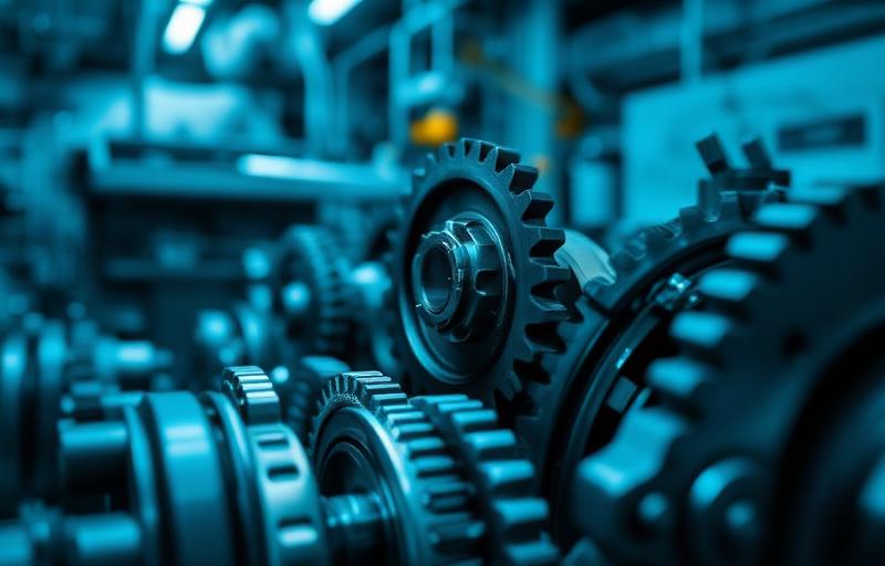 Angrenaje și piese de motor în workshop industrial